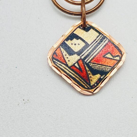 Vintage Copper Enamel Pendant Necklace Geometric Design Art Deco Revival Retro - Picture 3 of 10